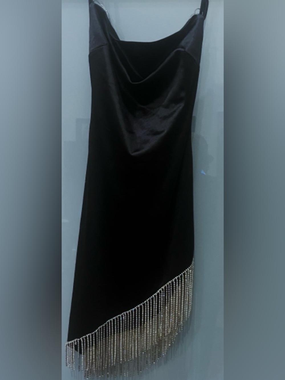 BETTER BE Black Fringe Rhinestone in Asymmetric Pattern Mini Dress S